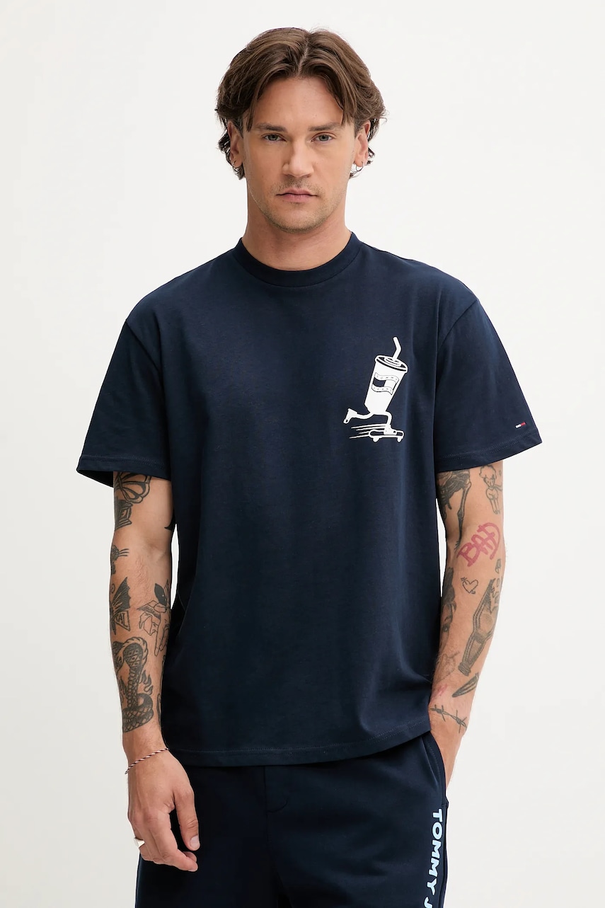 Tommy Jeans tricou din bumbac culoarea bleumarin, cu imprimeu, DM0DM21830