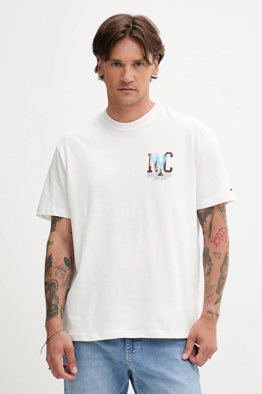 Tommy Jeans tricou din bumbac culoarea alb, cu imprimeu, DM0DM21831