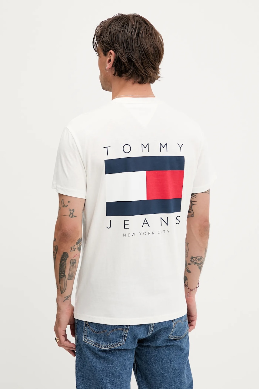 Tommy Jeans tricou din bumbac culoarea alb, cu imprimeu, DM0DM21910