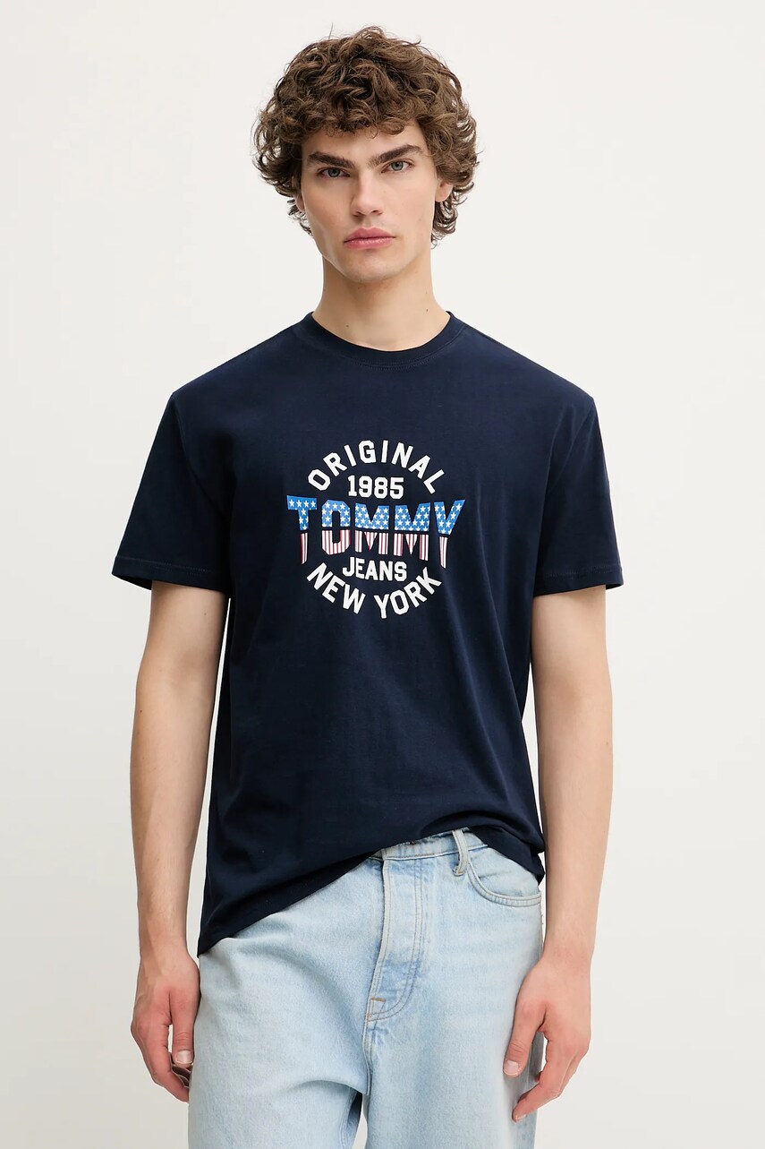 Tommy Jeans tricou din bumbac culoarea bleumarin, cu imprimeu, DM0DM21913