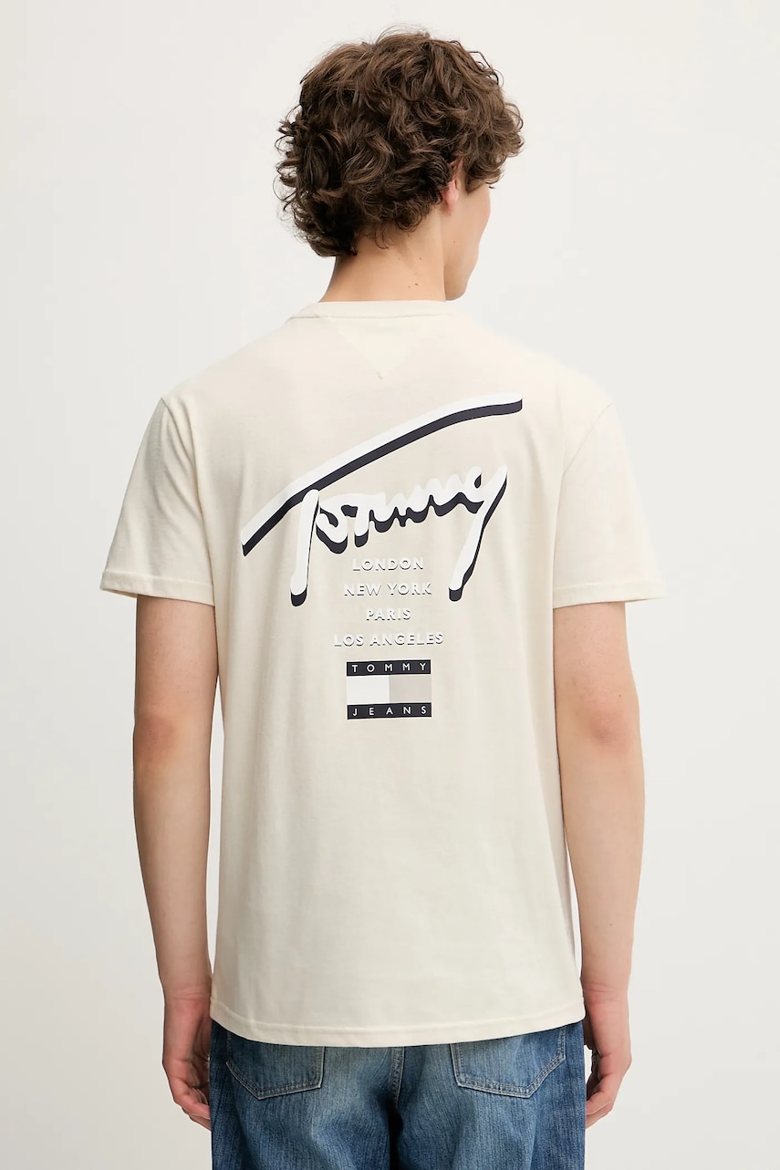 Tommy Jeans tricou din bumbac culoarea bej, cu imprimeu, DM0DM21934