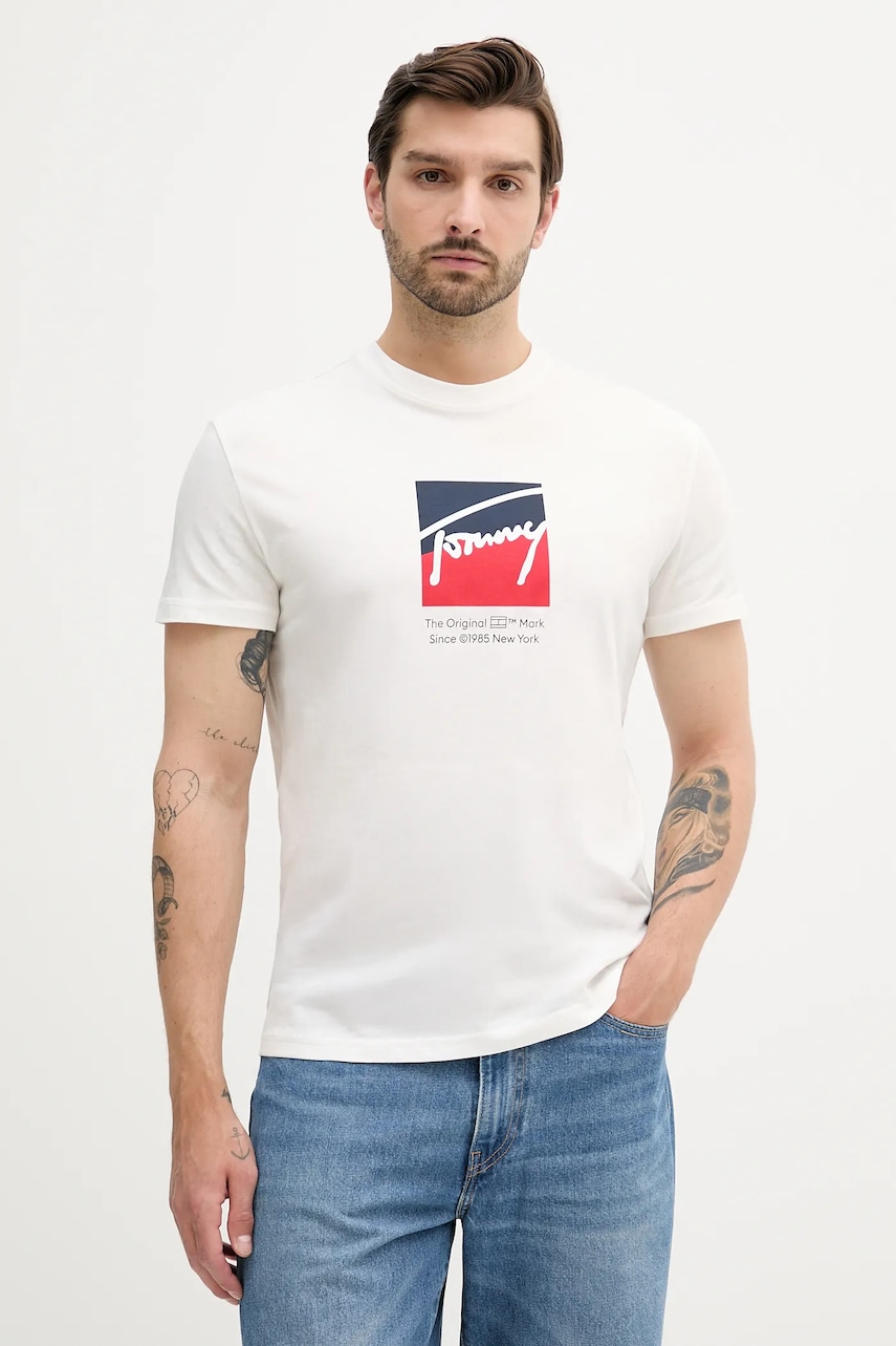 Tommy Jeans tricou din bumbac culoarea alb, cu imprimeu, DM0DM21940