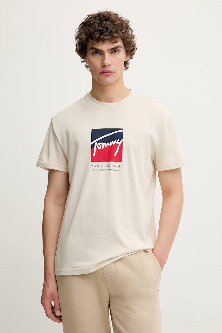 Tommy Jeans tricou din bumbac culoarea bej, cu imprimeu, DM0DM21940