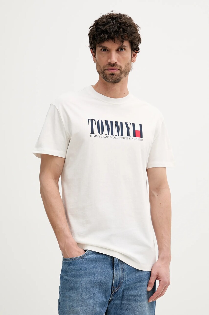 Tommy Jeans tricou din bumbac culoarea alb, cu imprimeu, DM0DM21941