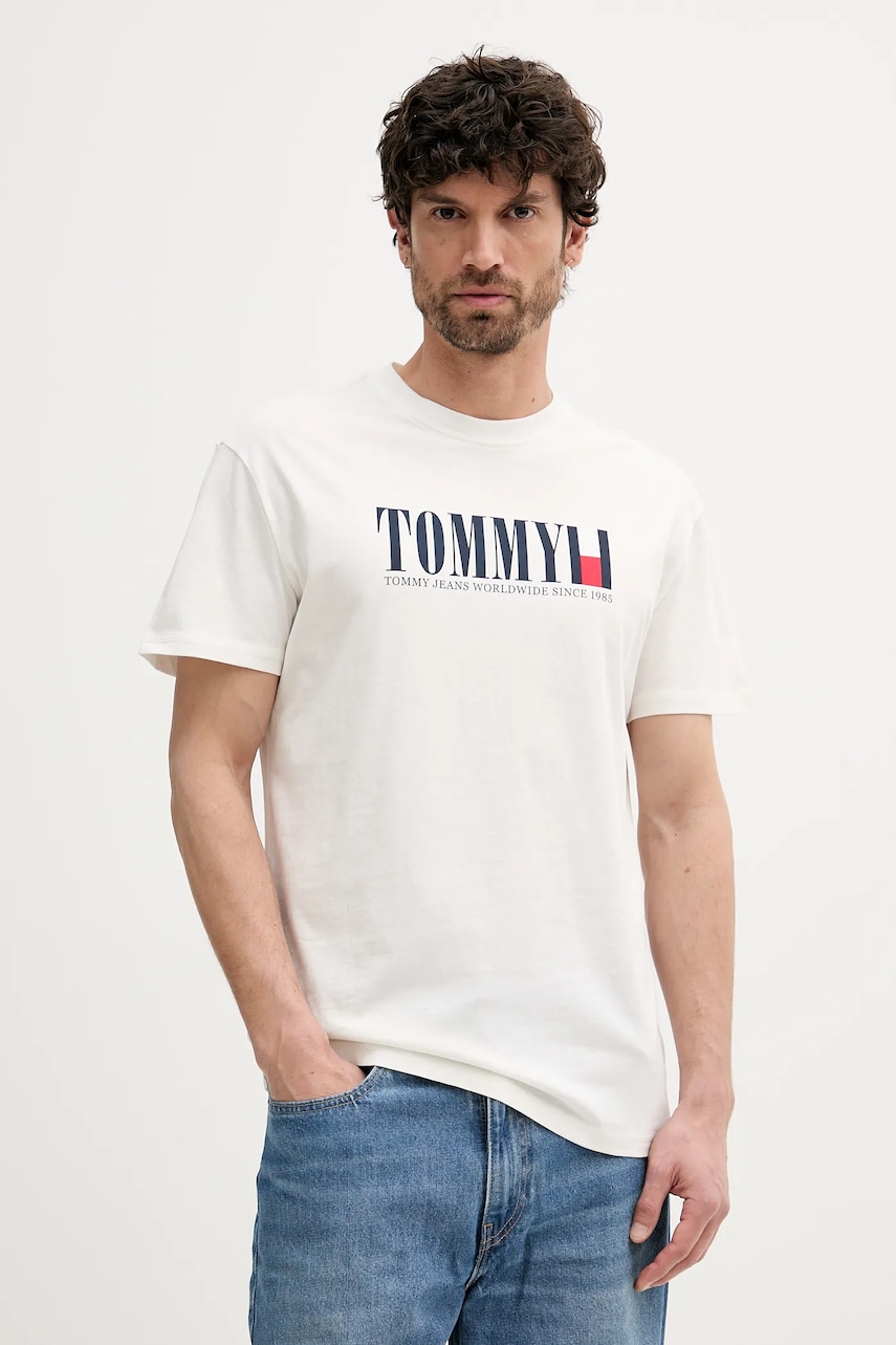 Tommy Jeans tricou din bumbac culoarea alb, cu imprimeu, DM0DM21941