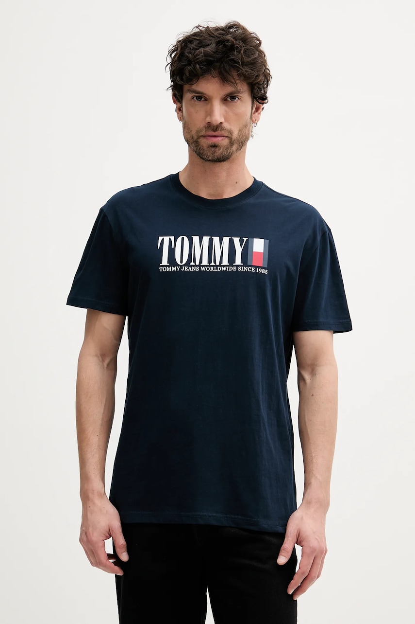 Tommy Jeans tricou din bumbac culoarea bleumarin, cu imprimeu, DM0DM21941