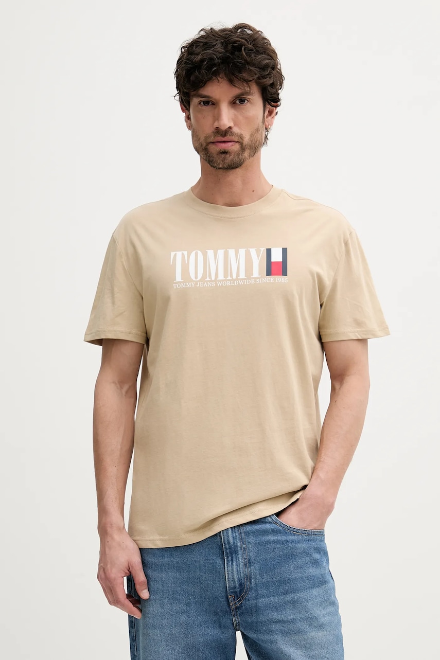 Tommy Jeans tricou din bumbac culoarea bej, cu imprimeu, DM0DM21941