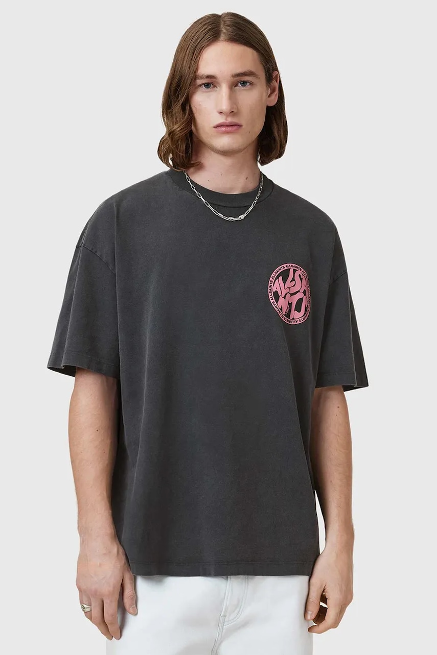 AllSaints tricou din bumbac DISTORTION culoarea gri, cu imprimeu, M041PC