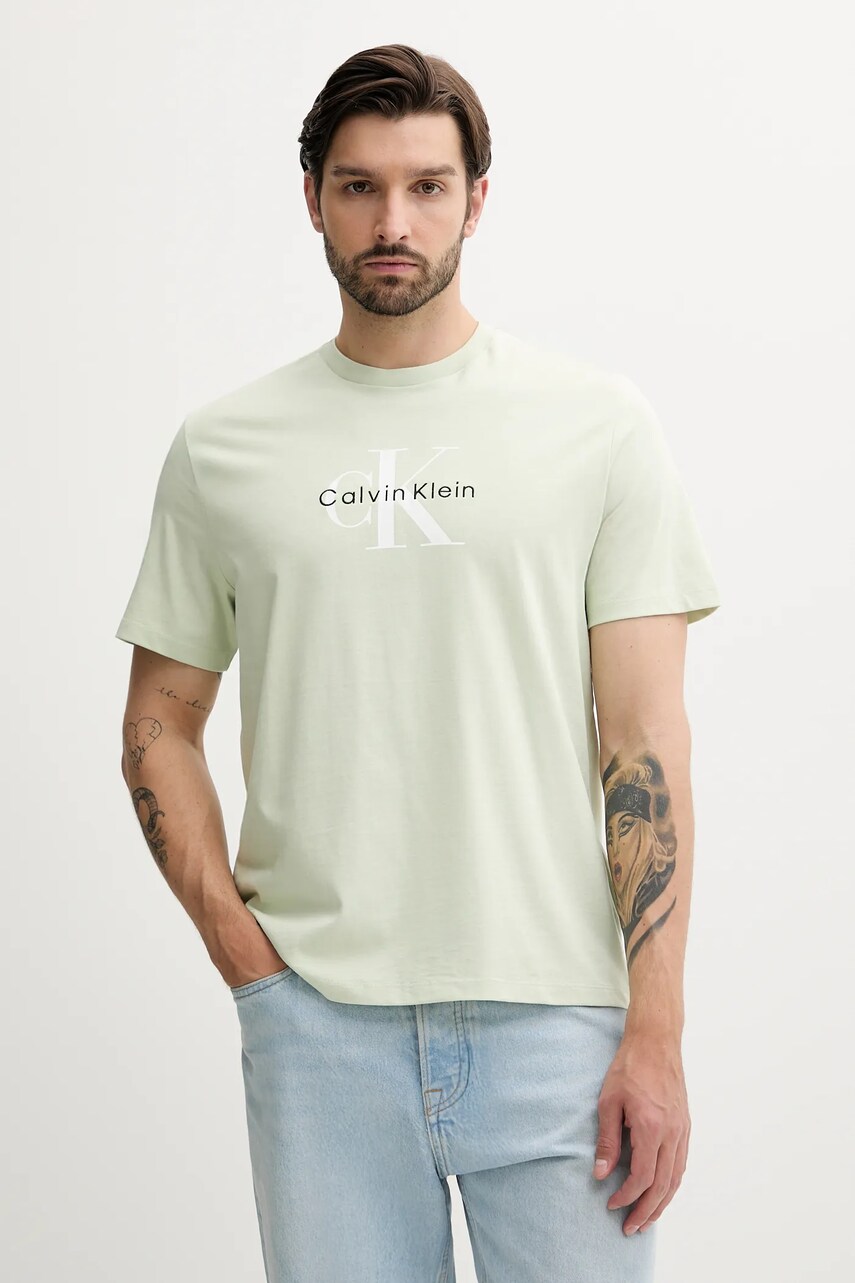 Levně Tričko Calvin Klein Jeans pánské, zelená barva, s potiskem, LV04RB862G