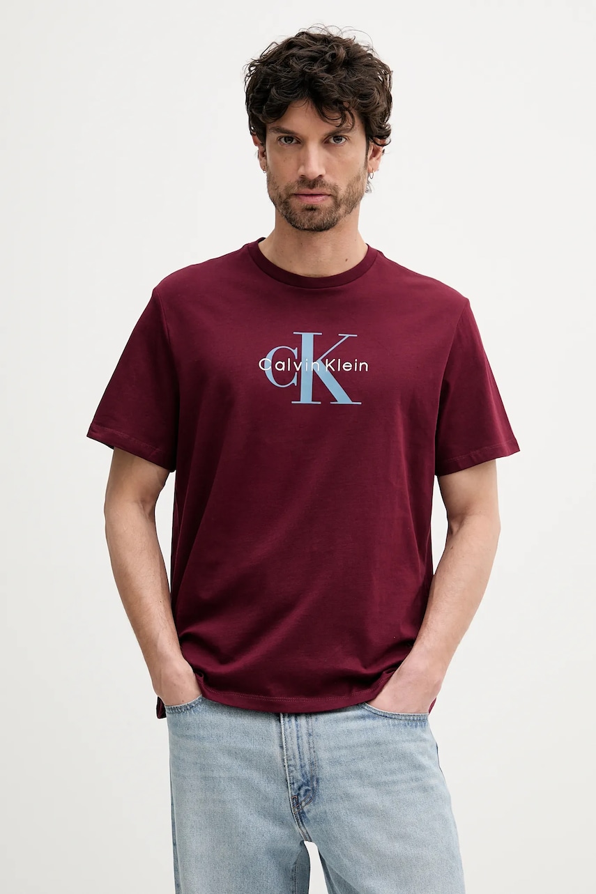 Levně Tričko Calvin Klein Jeans pánské, vínová barva, s potiskem, LV04RB862G