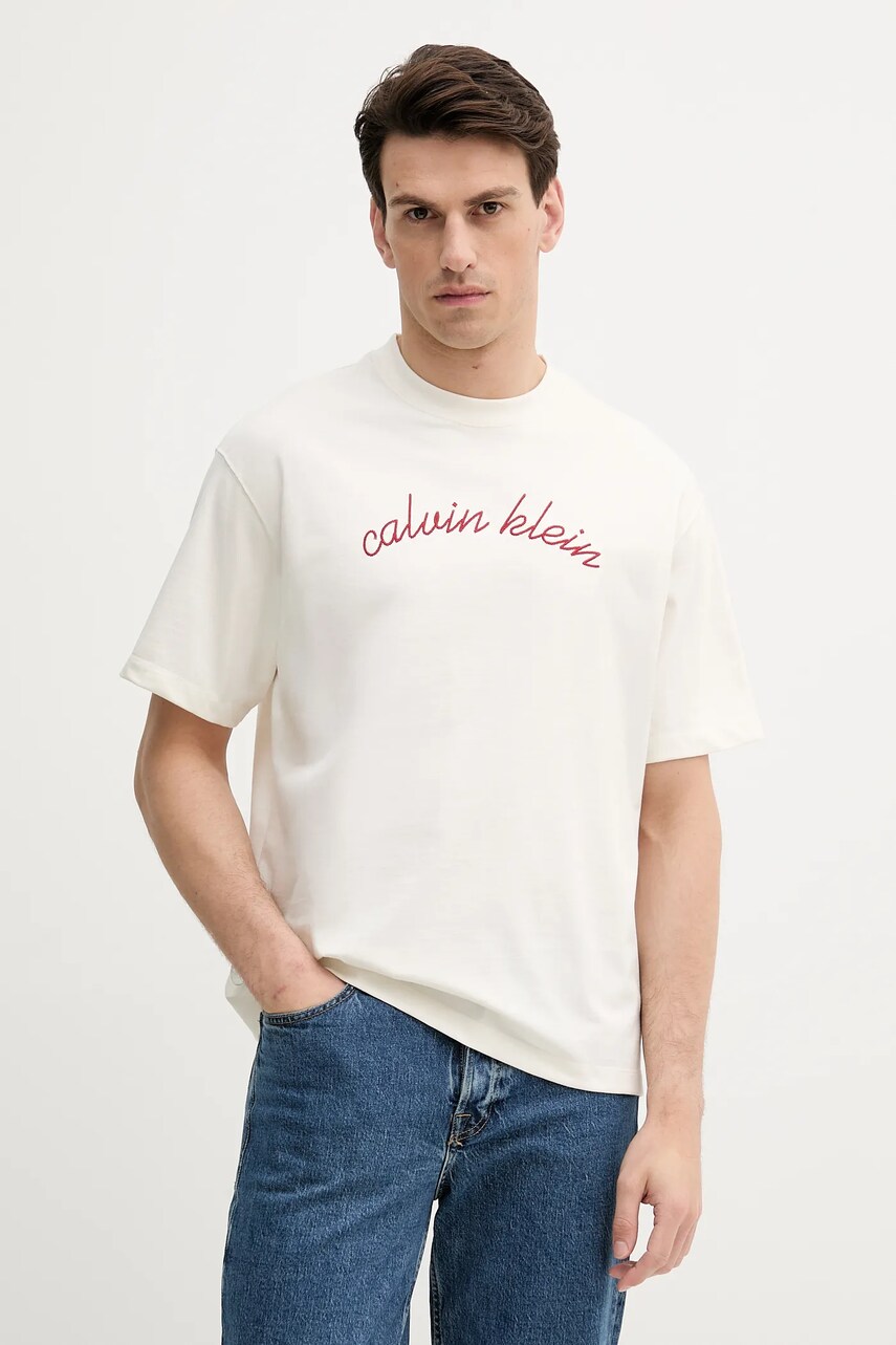 Levně Bavlněné tričko Calvin Klein Jeans pánské, béžová barva, s aplikací, LV04RC225G