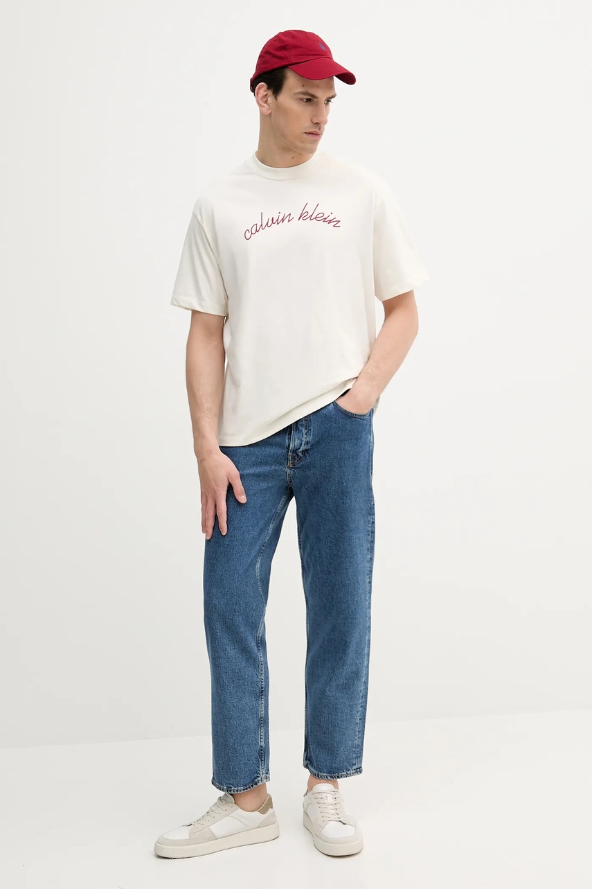 Хлопковая футболка Calvin Klein Jeans цвет бежевый с аппликацией LV04RC225G