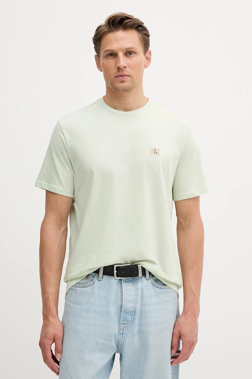 Levně Bavlněné tričko Calvin Klein Jeans pánské, zelená barva, s aplikací, LV04RC272G