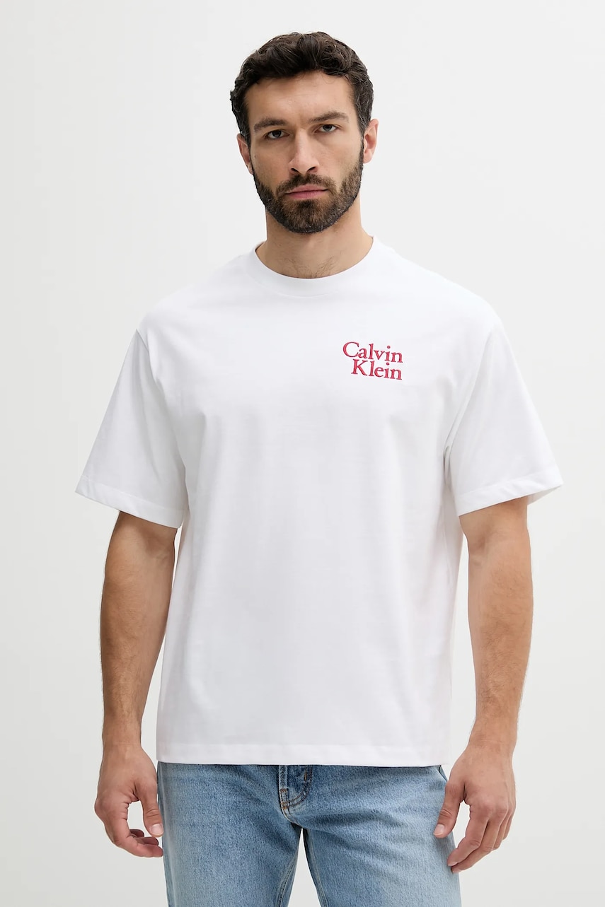 Levně Bavlněné tričko Calvin Klein Jeans pánské, bílá barva, s aplikací, LV04RC808G
