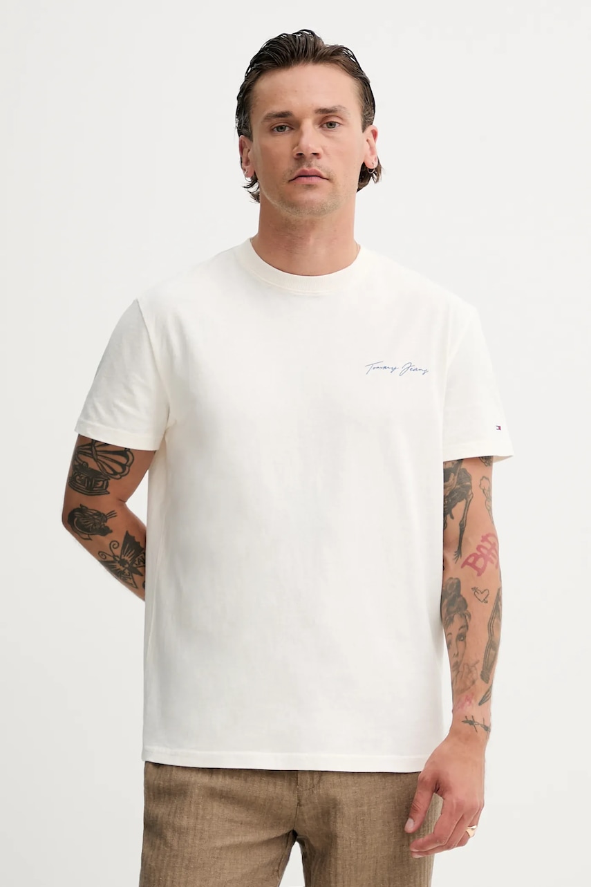 Tommy Jeans tricou din bumbac culoarea bej, cu imprimeu, DM0DM21868