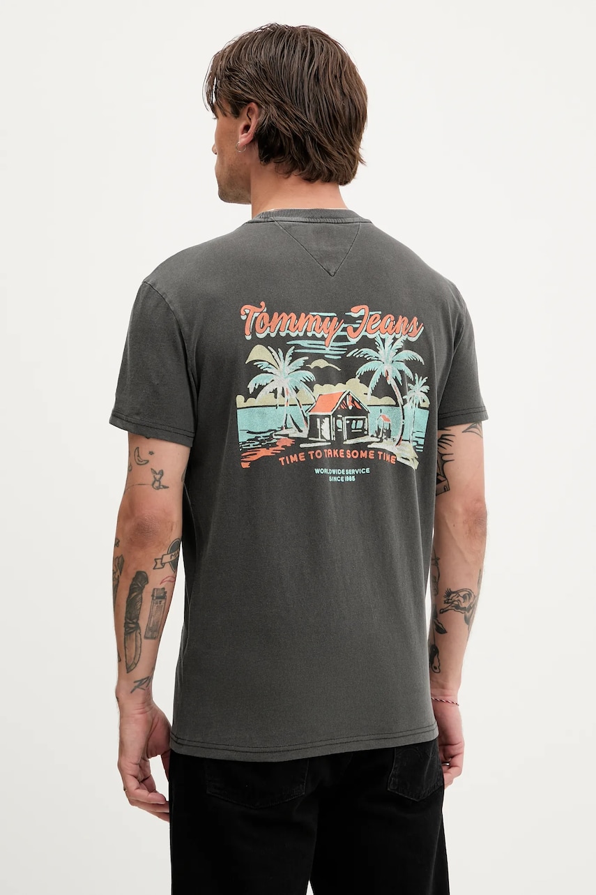 Tommy Jeans tricou din bumbac culoarea gri, cu imprimeu, DM0DM21866