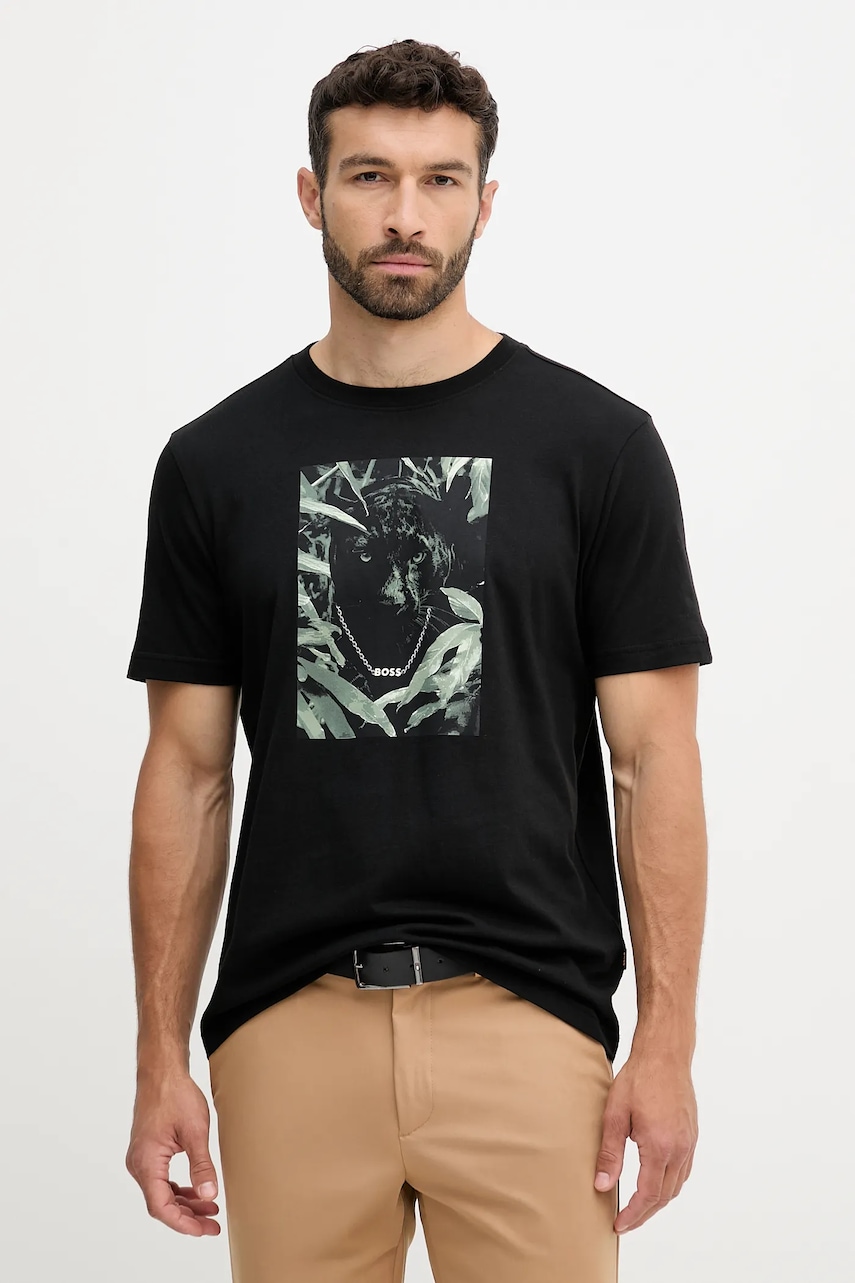 BOSS Orange tricou din bumbac culoarea negru, cu imprimeu, 50546362