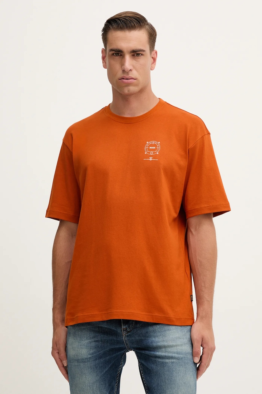 BOSS Orange tricou din bumbac culoarea portocaliu, cu imprimeu, 50546370