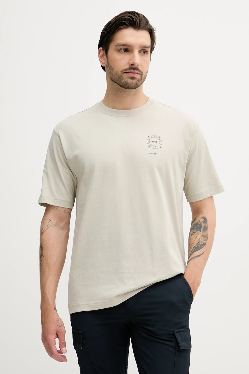 BOSS Orange tricou din bumbac culoarea gri, cu imprimeu, 50546370