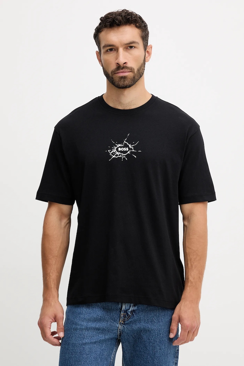 BOSS Orange tricou din bumbac culoarea negru, cu imprimeu, 50546370