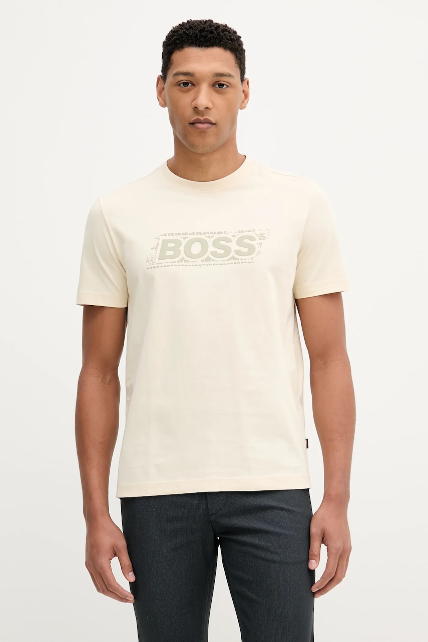 BOSS Orange tricou din bumbac culoarea galben, cu imprimeu, 50546381
