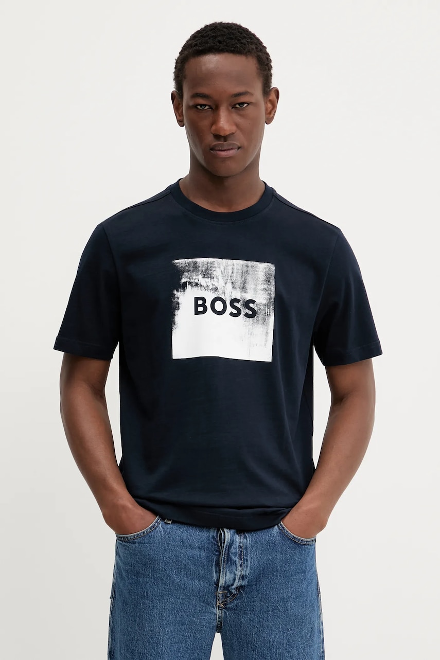 BOSS Orange tricou din bumbac culoarea bleumarin, cu imprimeu, 50546381