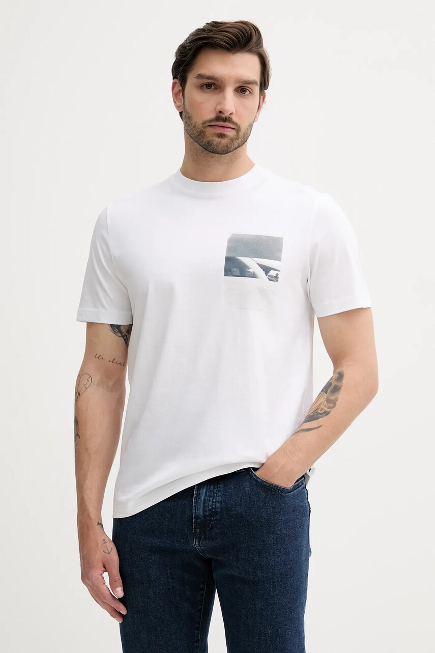 BOSS Orange tricou din bumbac culoarea alb, cu imprimeu, 50546920