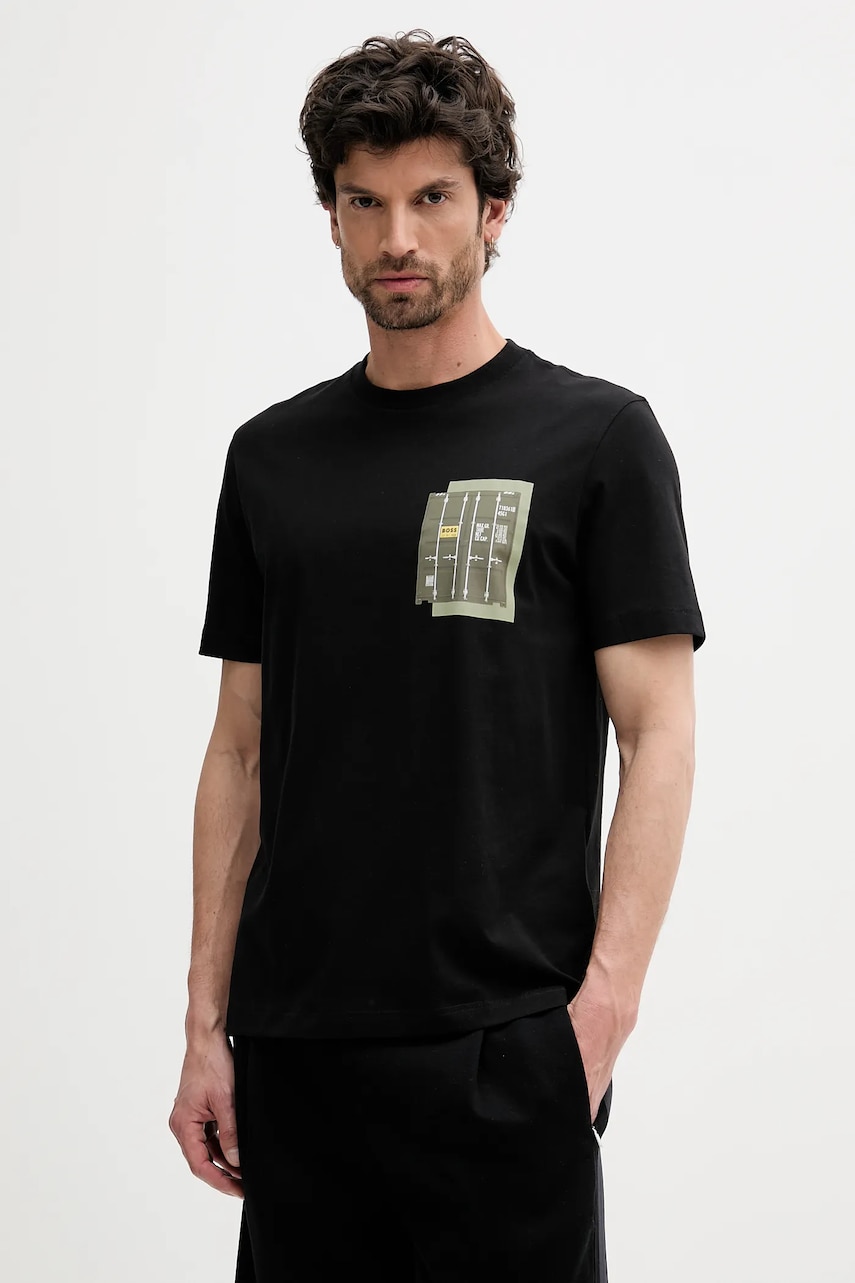 BOSS Orange tricou din bumbac culoarea negru, cu imprimeu, 50546920