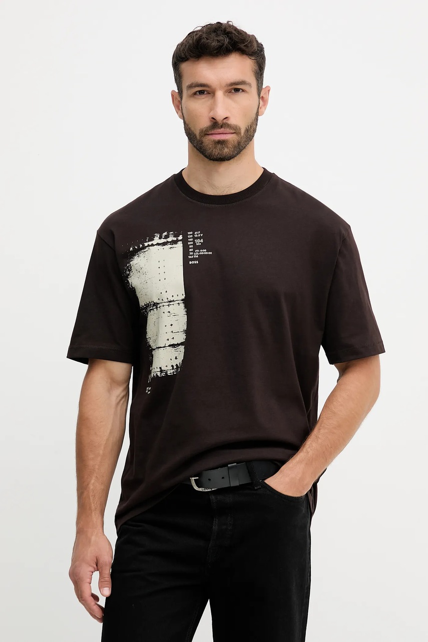 BOSS Orange tricou din bumbac culoarea maro, cu imprimeu, 50546958