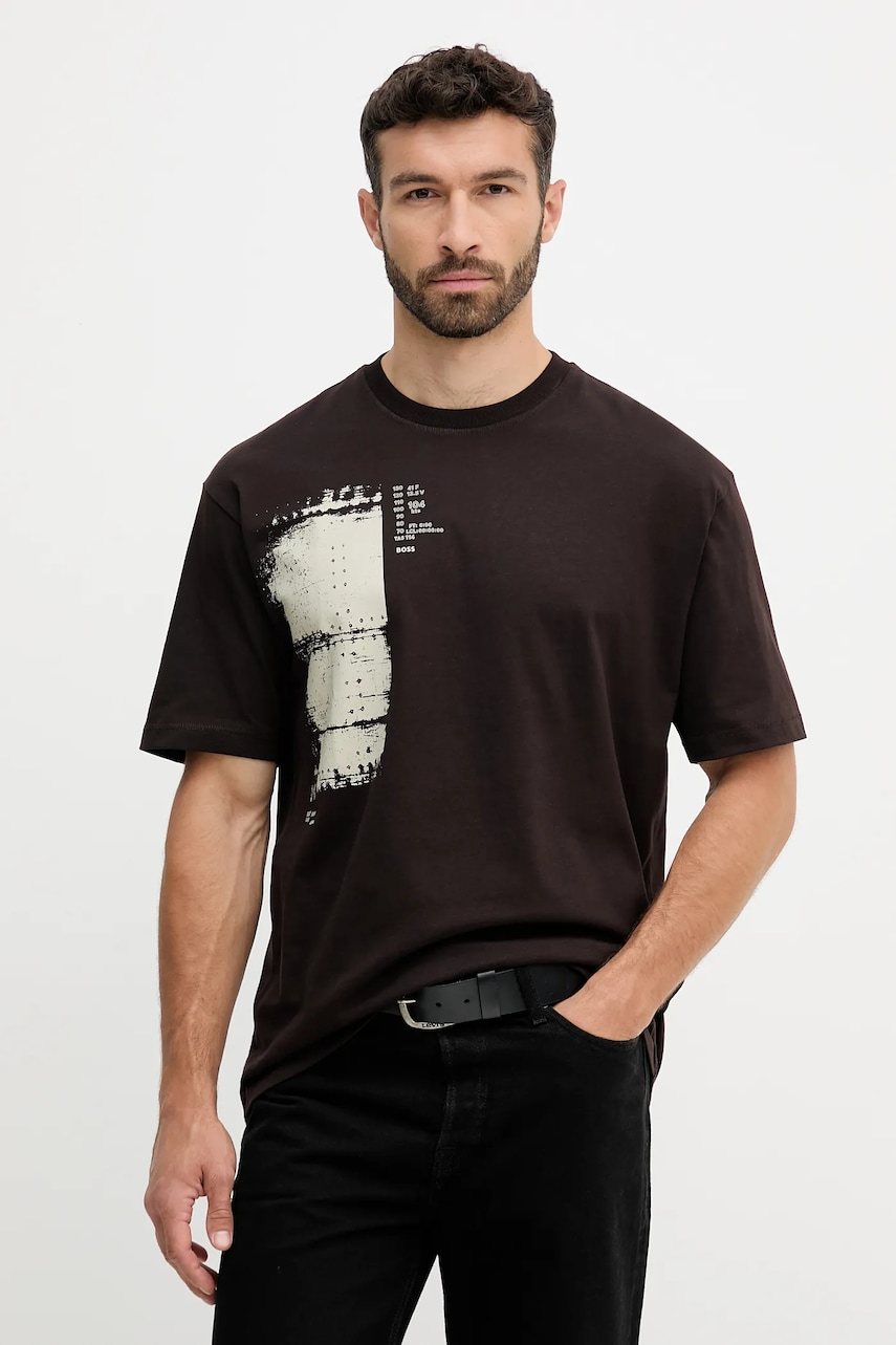 BOSS Orange tricou din bumbac culoarea maro, cu imprimeu, 50546958