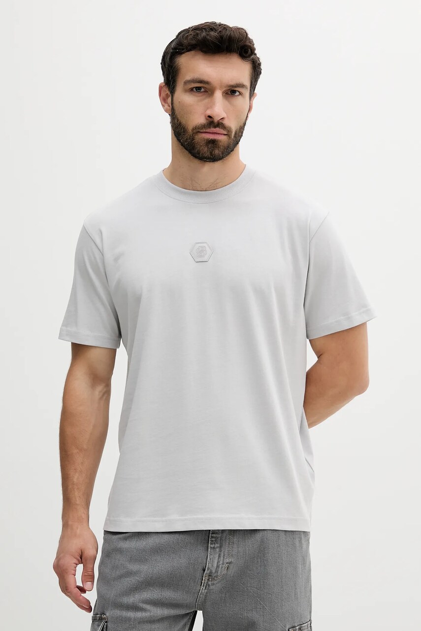 BOSS Green tricou din bumbac culoarea gri, cu imprimeu, 50544316