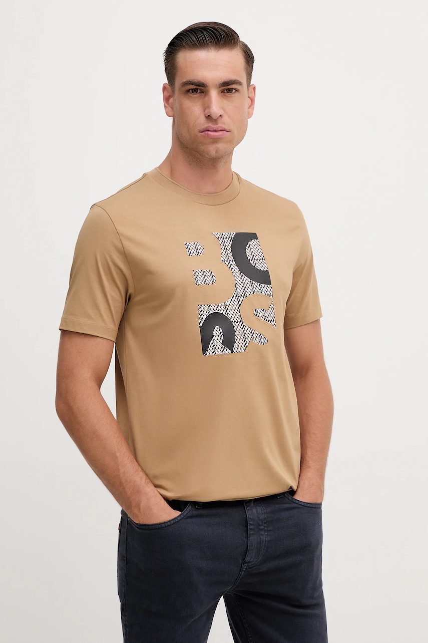 BOSS tricou din bumbac culoarea bej, cu imprimeu, 50543901