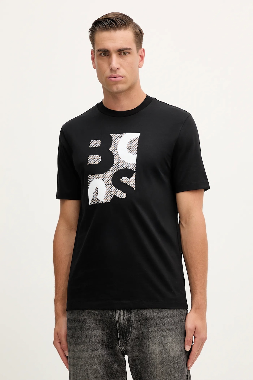 BOSS tricou din bumbac culoarea negru, cu imprimeu, 50543901