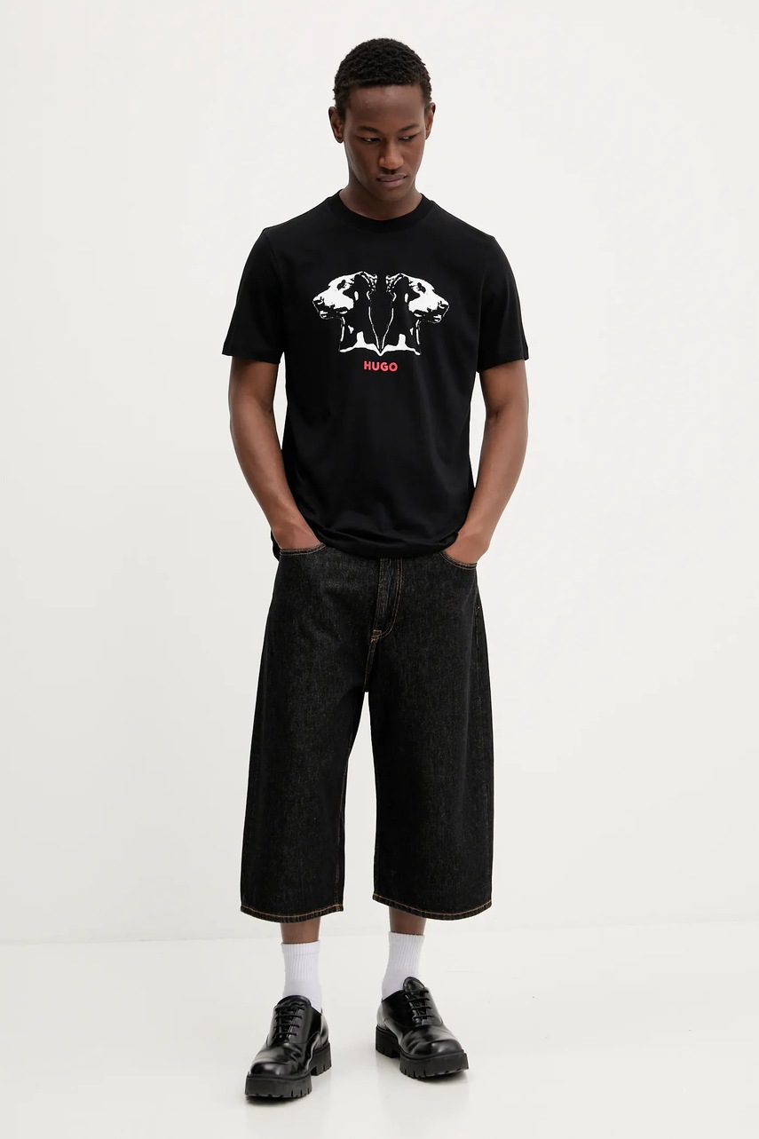 Хлопковая футболка HUGO цвет чёрный с принтом 50542734