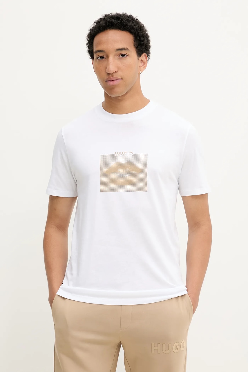 HUGO tricou din bumbac culoarea alb, cu imprimeu, 50544496