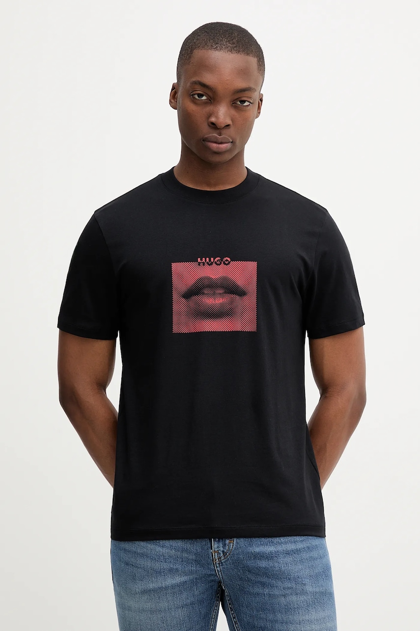 HUGO tricou din bumbac culoarea negru, cu imprimeu, 50544496