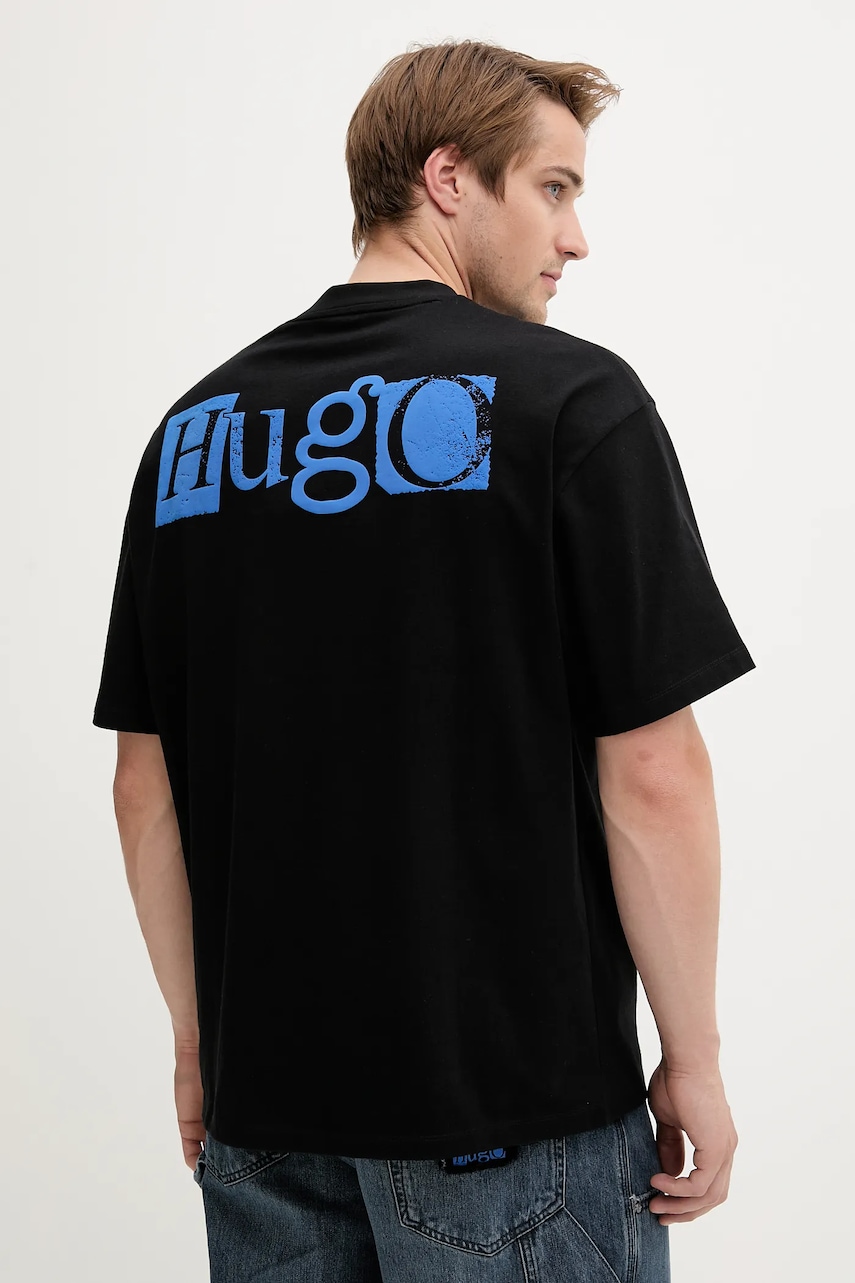 Hugo Blue tricou din bumbac culoarea negru, cu imprimeu, 50542810