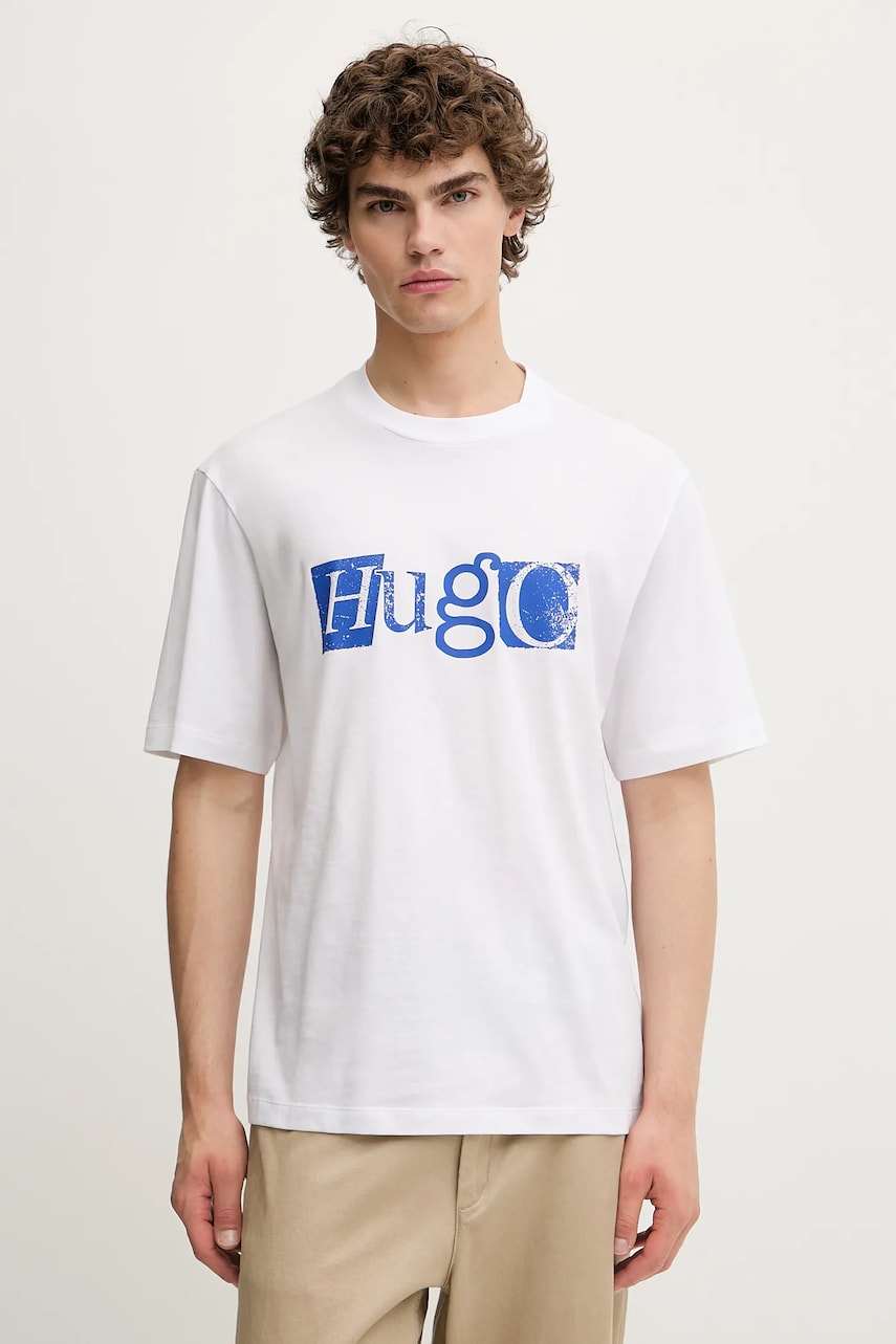 Hugo Blue tricou din bumbac culoarea alb, cu imprimeu, 50543485