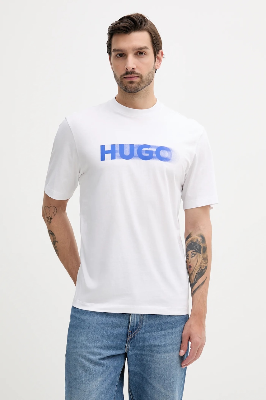 Hugo Blue tricou din bumbac culoarea alb, cu imprimeu, 50543493
