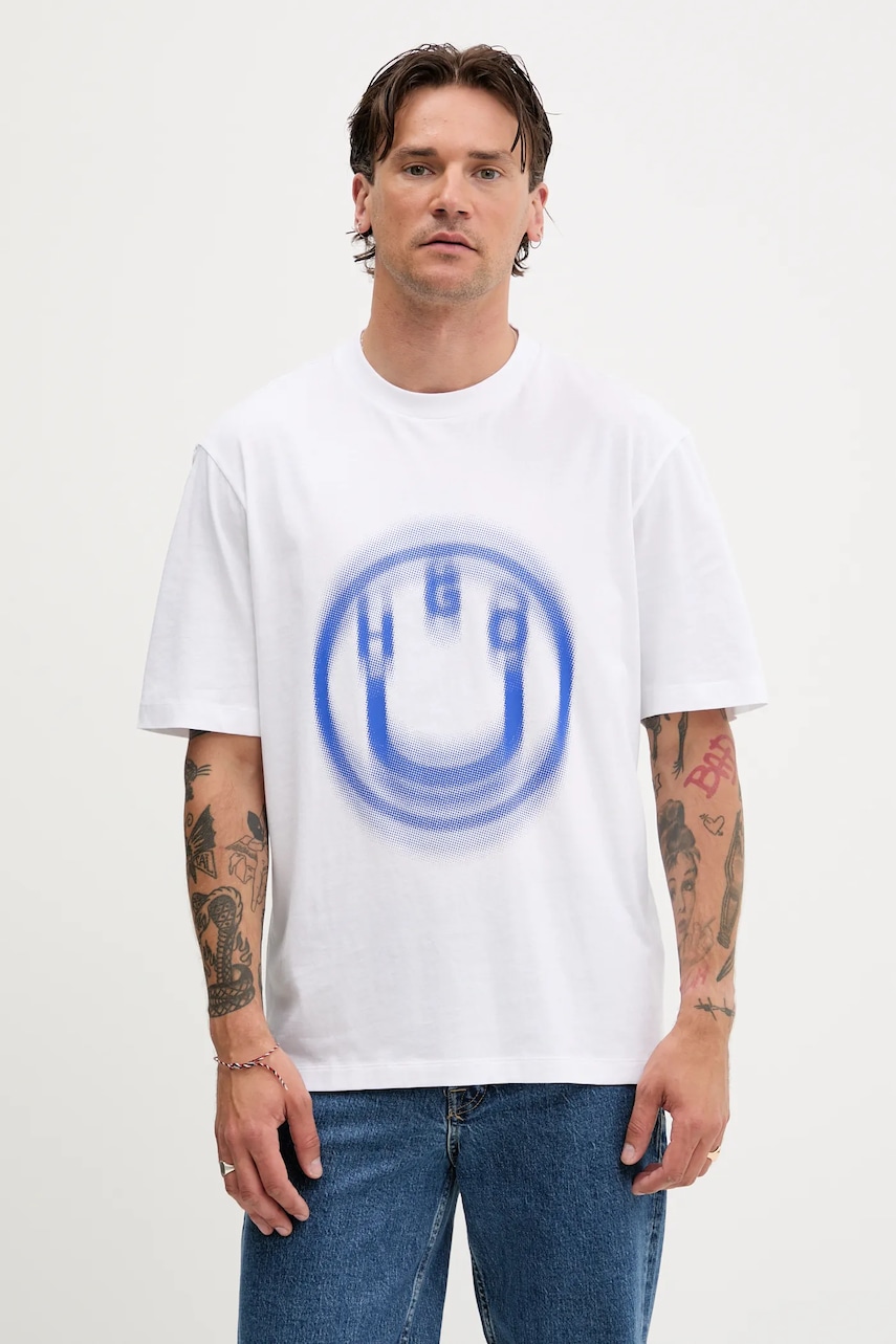 Hugo Blue tricou din bumbac culoarea alb, cu imprimeu, 50543493