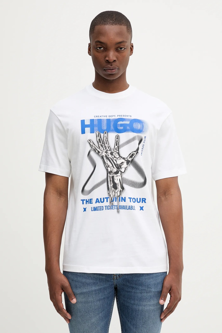 Levně Bavlněné tričko Hugo Blue pánské, bílá barva, s potiskem, 50543494