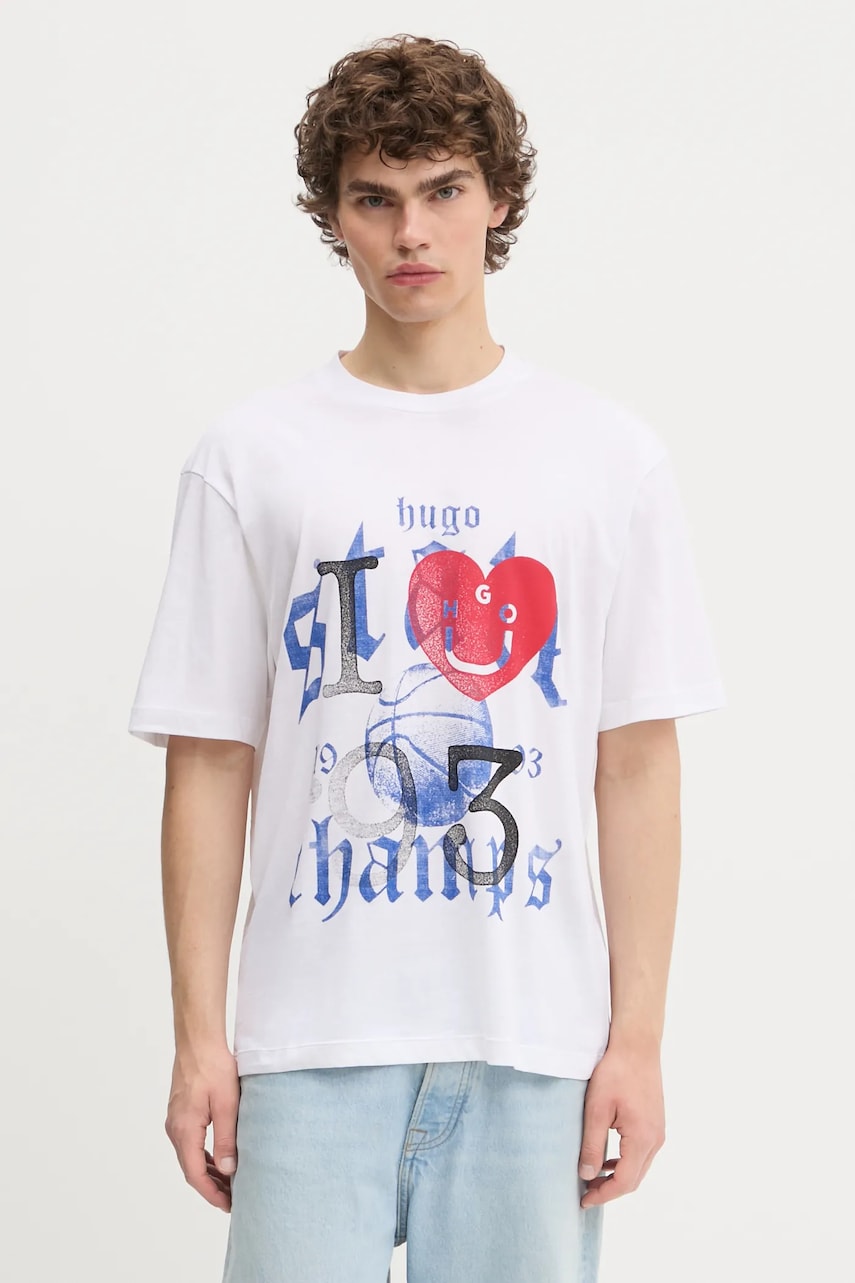 Levně Bavlněné tričko Hugo Blue pánské, bílá barva, s potiskem, 50543495