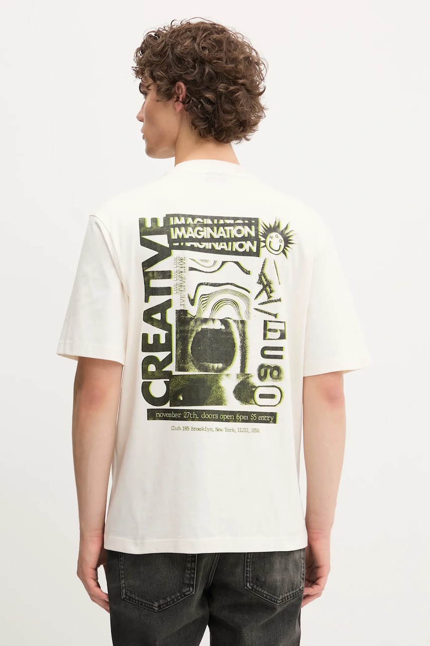 Hugo Blue tricou din bumbac culoarea bej, cu imprimeu, 50543496