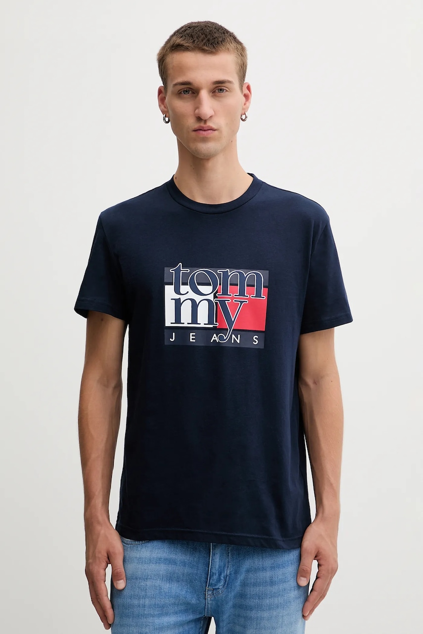 Tommy Jeans tricou din bumbac culoarea bleumarin, cu imprimeu, DM0DM21977