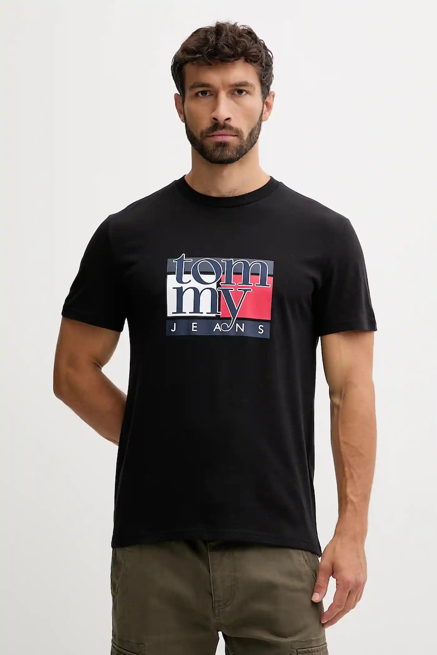 Levně Bavlněné tričko Tommy Jeans pánské, černá barva, DM0DM21977