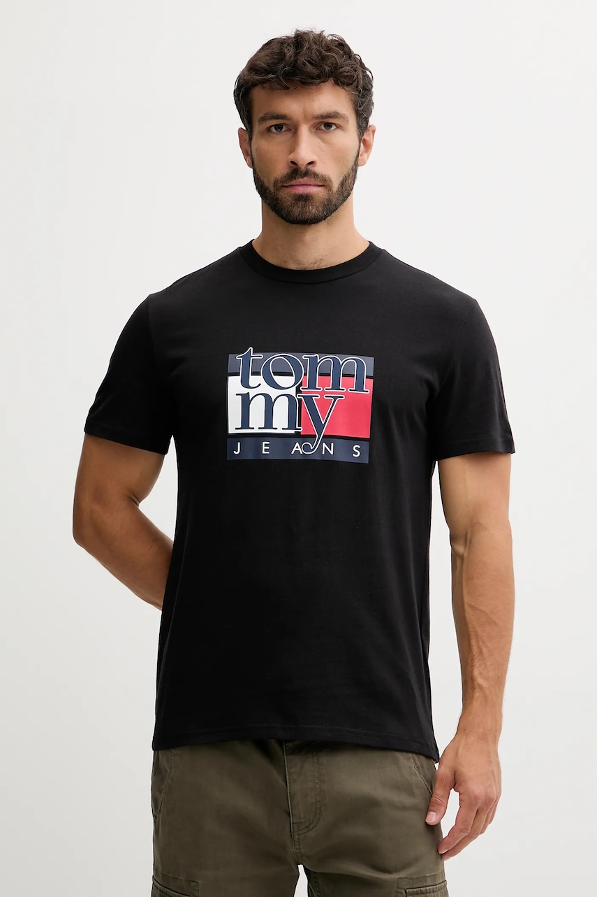 Tommy Jeans tricou din bumbac culoarea negru, cu imprimeu, DM0DM21977