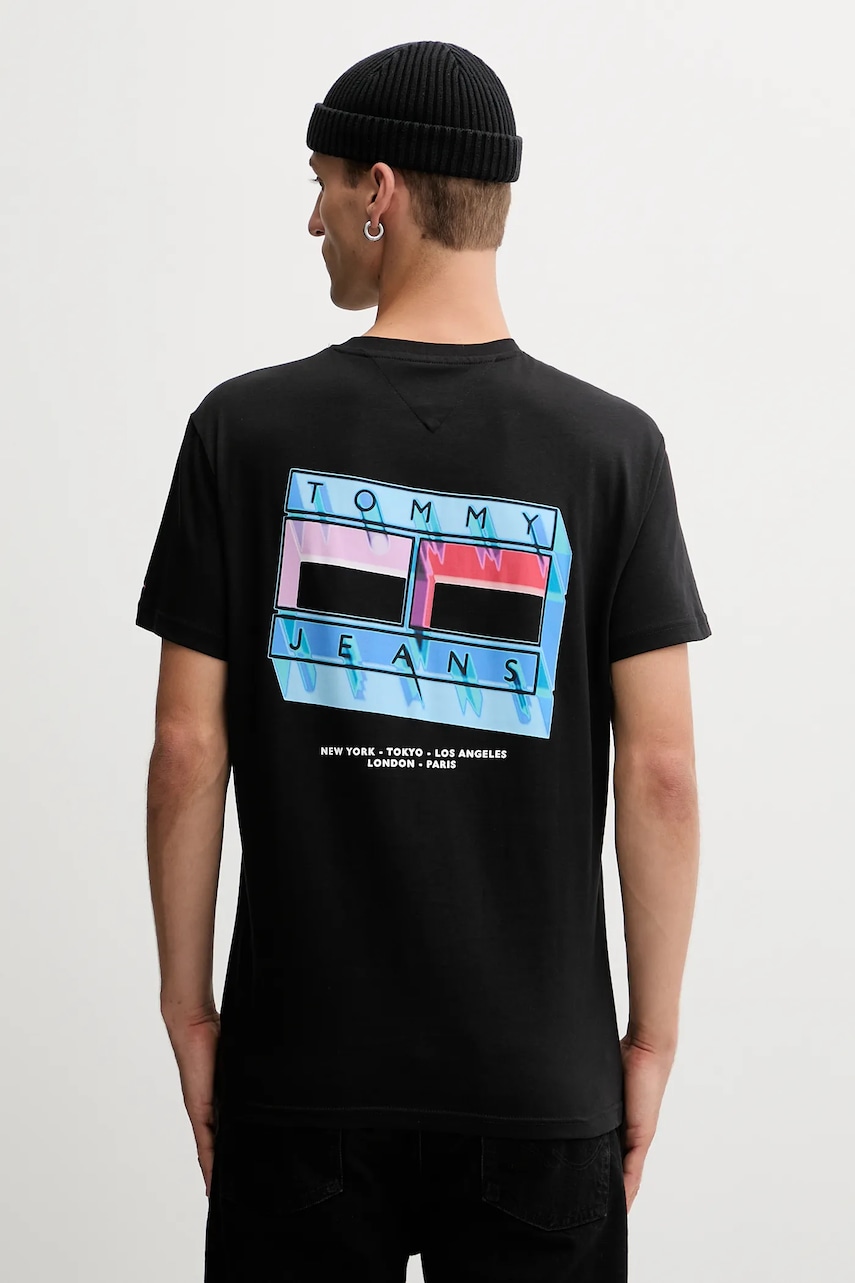 Tommy Jeans tricou din bumbac culoarea negru, cu imprimeu, DM0DM21980