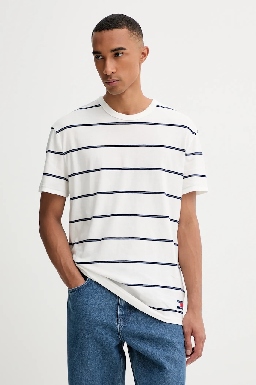 Tommy Jeans tricou din bumbac culoarea bej, cu imprimeu, DM0DM21983