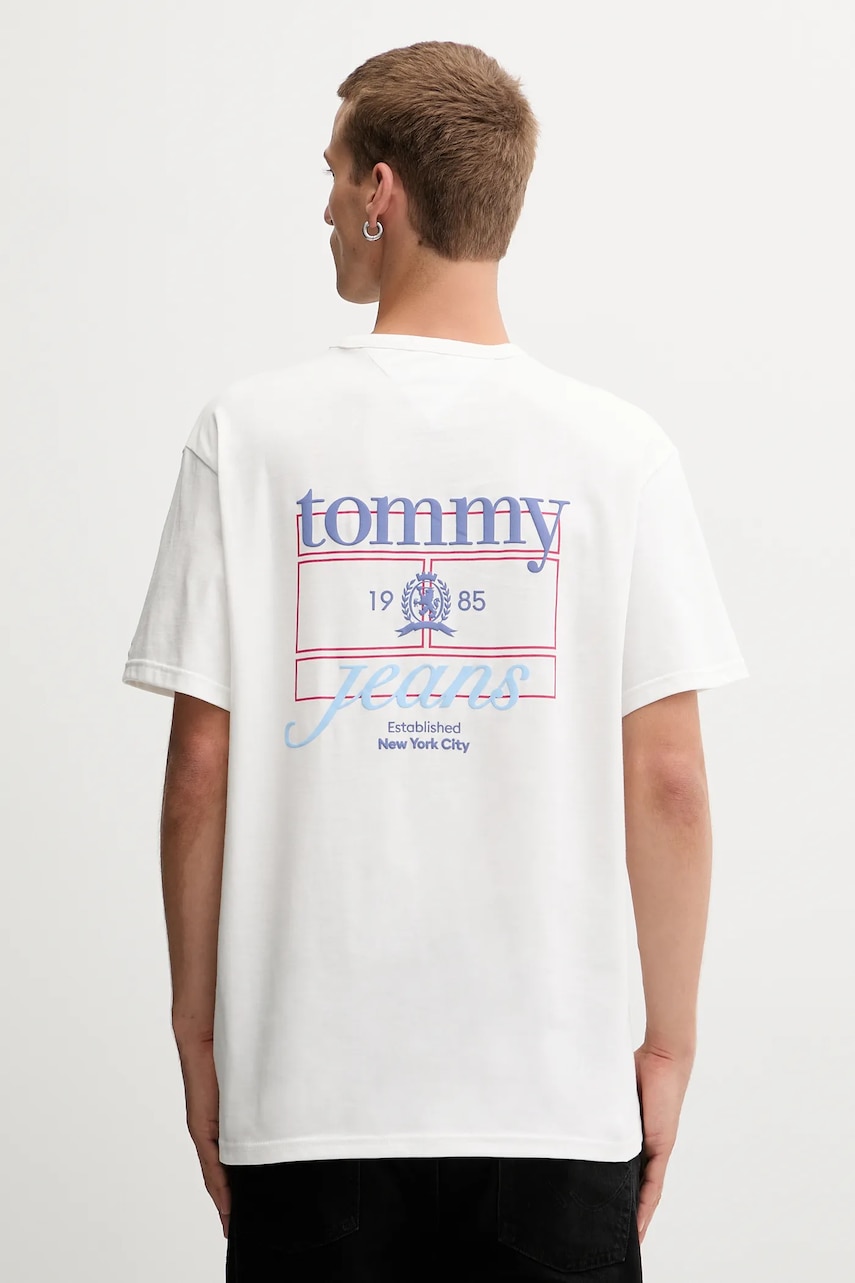 Tommy Jeans tricou din bumbac culoarea bej, cu imprimeu, DM0DM21986