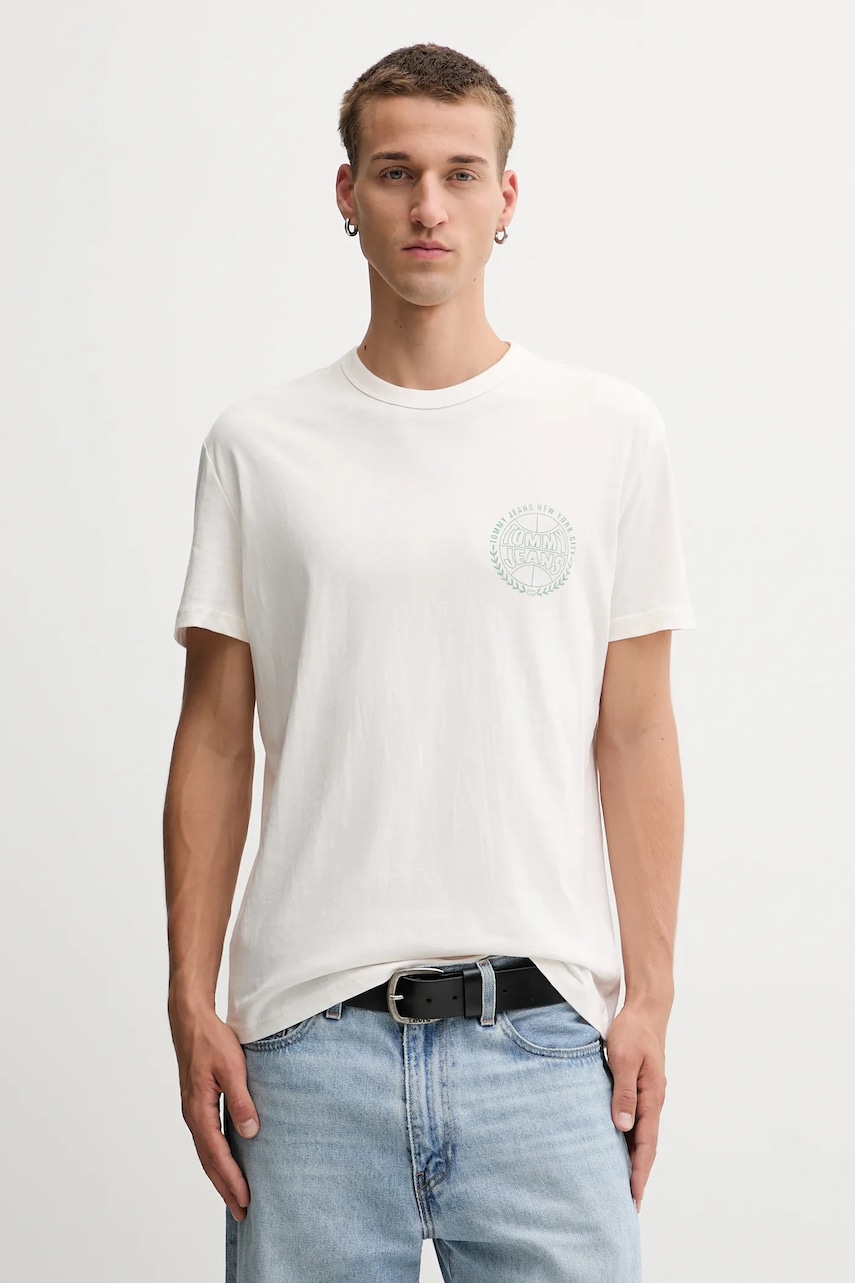 Tommy Jeans tricou din bumbac culoarea bej, cu imprimeu, DM0DM21987